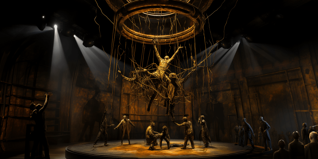 Homem amarrado no palco do teatro, conectado por cordas ao teto